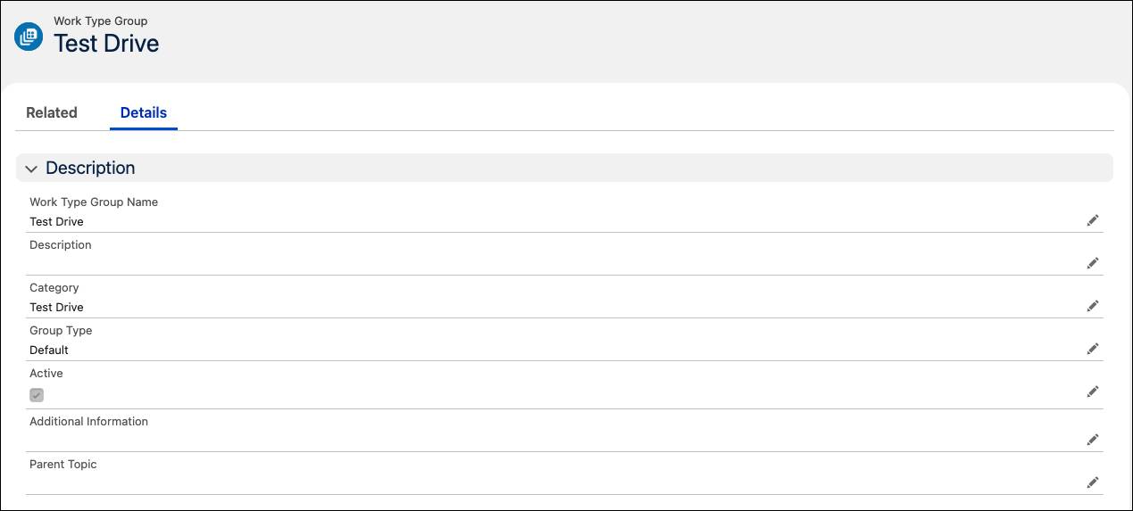 Work type group for the test drive appointment.