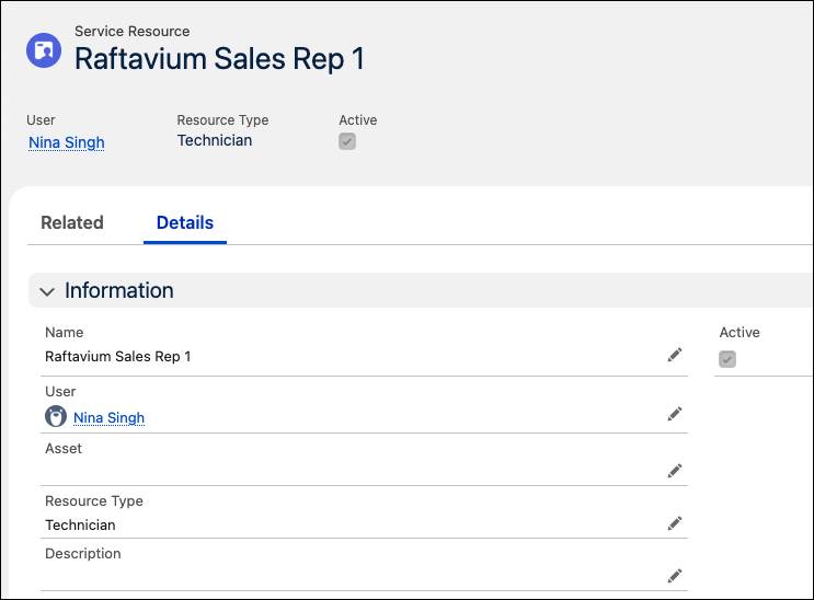 Service resource record for the sales representative.