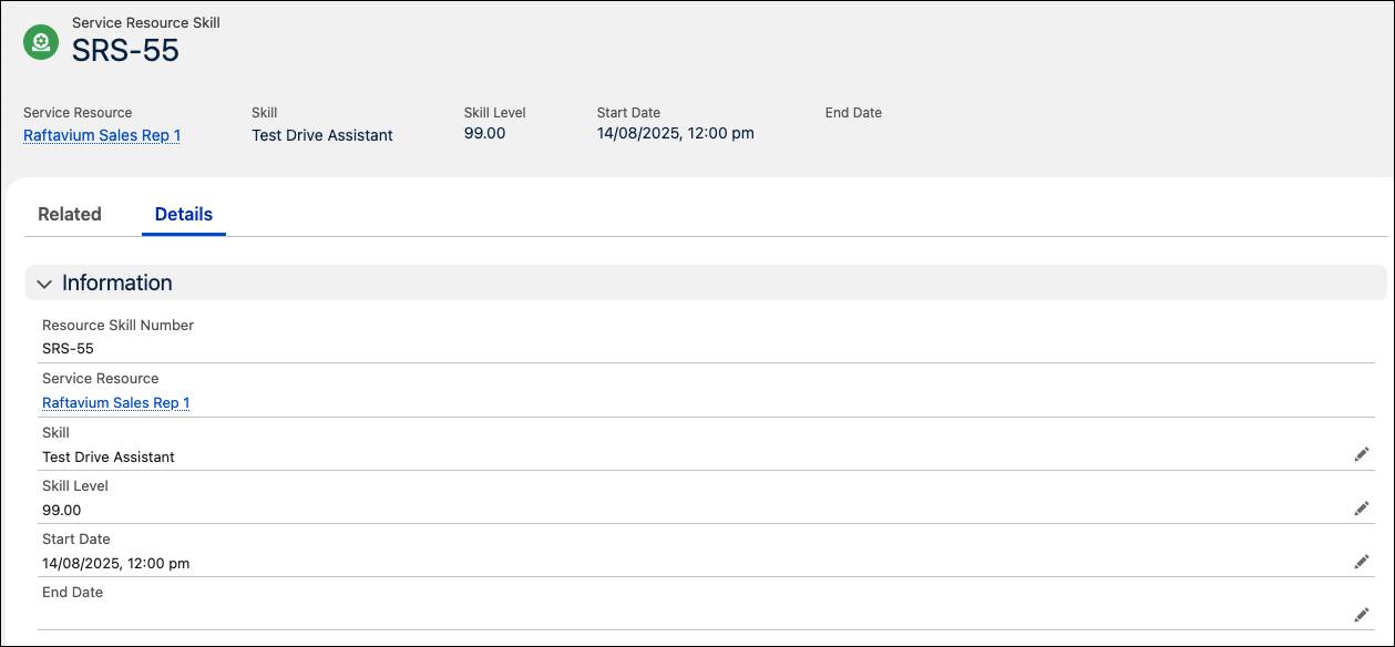 Skill added for a sales representative.