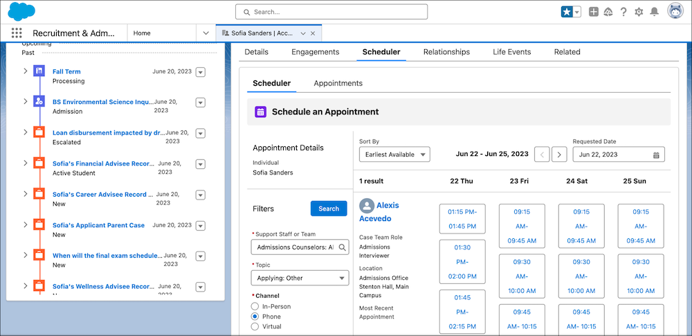 A person account record with built-in Scheduler so staff can conveniently schedule appointments on the learner’s behalf.