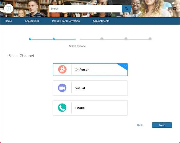 A self-service portal lets learners choose to meet in person, via virtual conference, or over the phone.