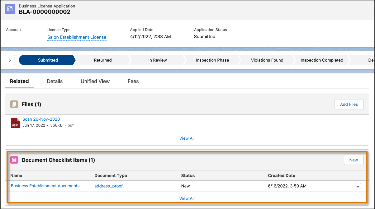 The screen capture highlights the Document Checklist Items added to the business license application.]