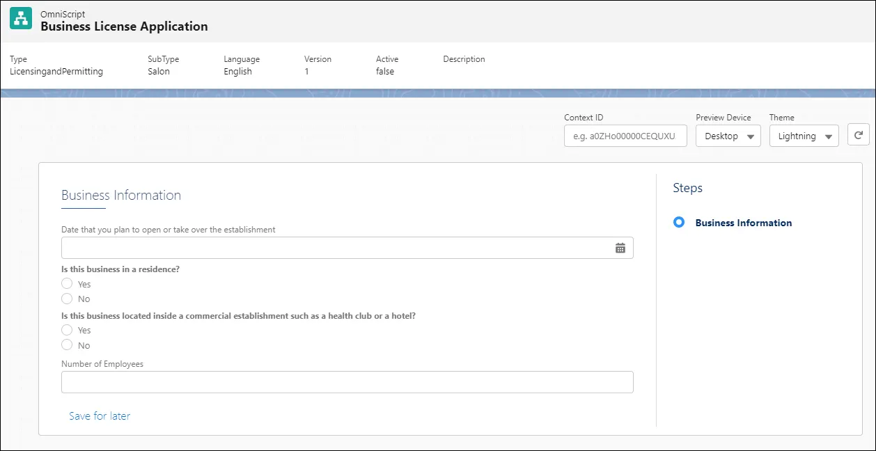 Screen capture of a business license application form