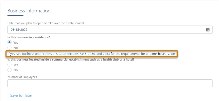 Screen capture of a dynamic form that updates to show the regulatory codes if a business is located in the applicant’s residence