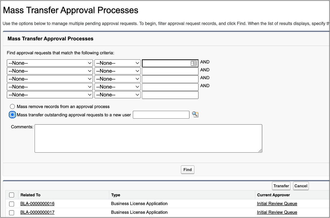 Mass Transfer Approval Processes page