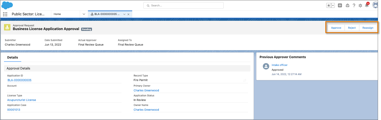 Screen capture of a pending approval request