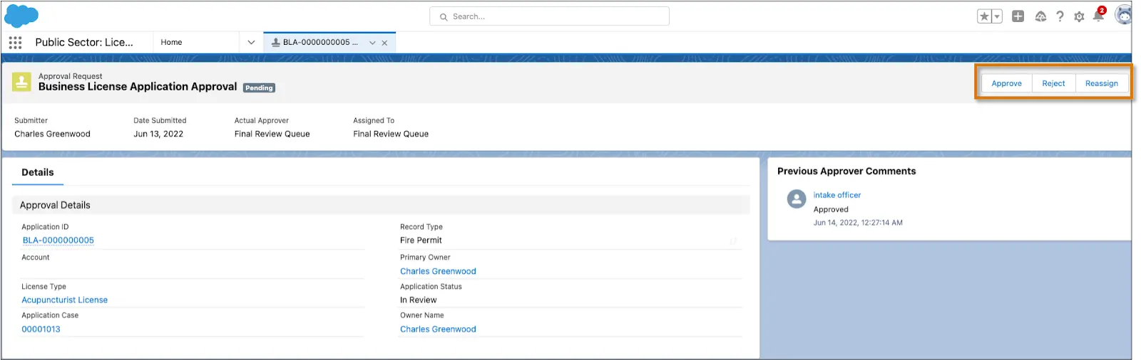 Screen capture of a pending approval request