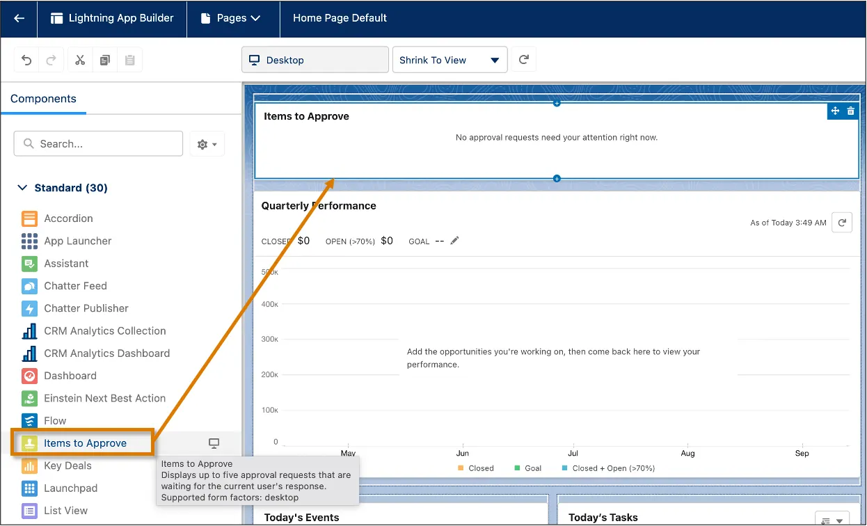 Add the Items to Approve component to the Lightning Home page.