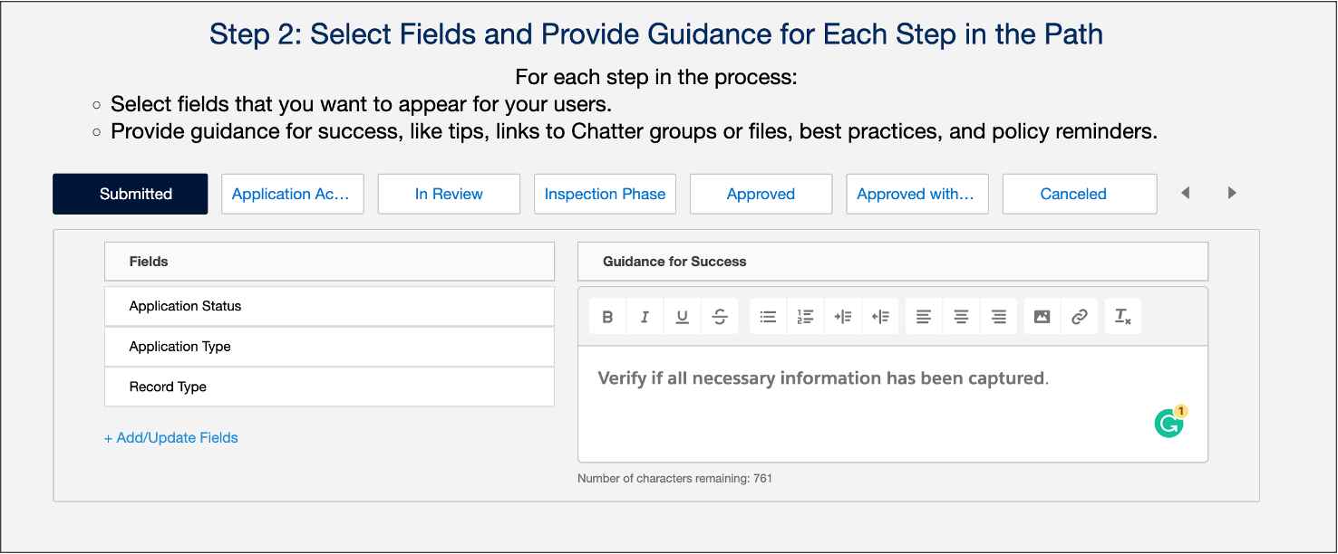 Select fields and provide guidance for each step in the path.