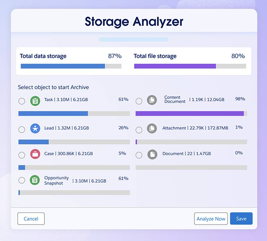 The Storage Analyzer view displaying the total data and file storage usage, and top 5 objects by record count.