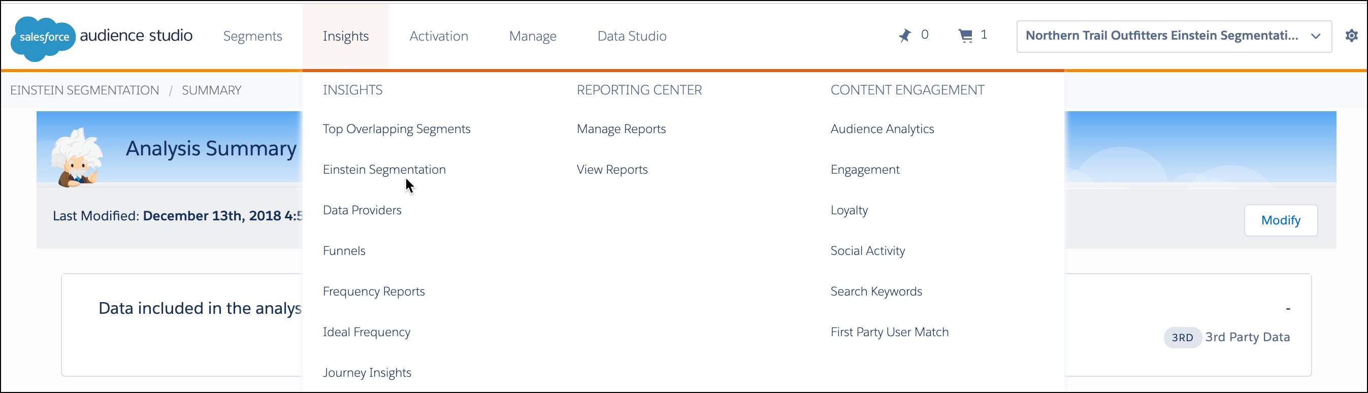 Audience Studio home page with Einstein Segmentation selected from the Insights dropdown menu.