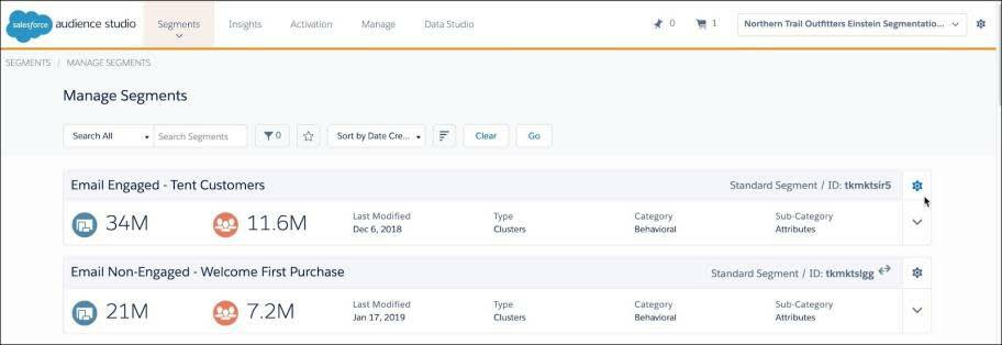 Audience Studio Manage Segments screen with cog icon being selected next to chosen segment, Tent Customers.