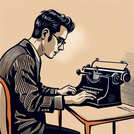 A closeup of a person sitting at a typewriter, drawn in the style of fun 2D vector artwork.