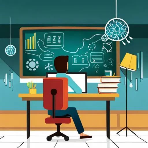 La escena se da en un aula universitaria, en la que hay un pizarrón de fondo con un dibujo de una red neuronal. En primer plano, se encuentra un estudiante universitario con una computadora, ilustrado con el estilo de un cómico dibujo gráfico en vector en 2D”.