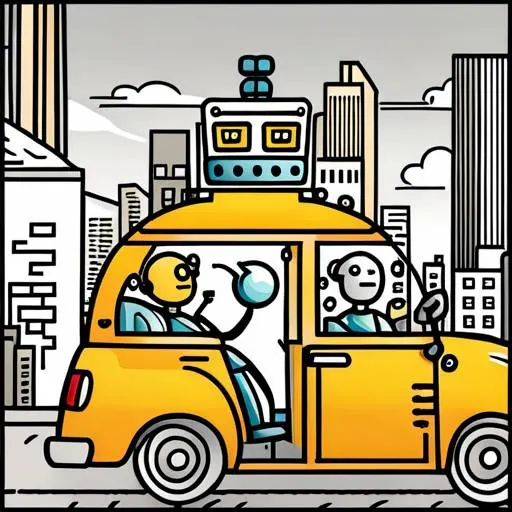 Un primer plano de un robot amigable que conduce un taxi, ilustrado con el estilo de arte de línea plano en 2D.