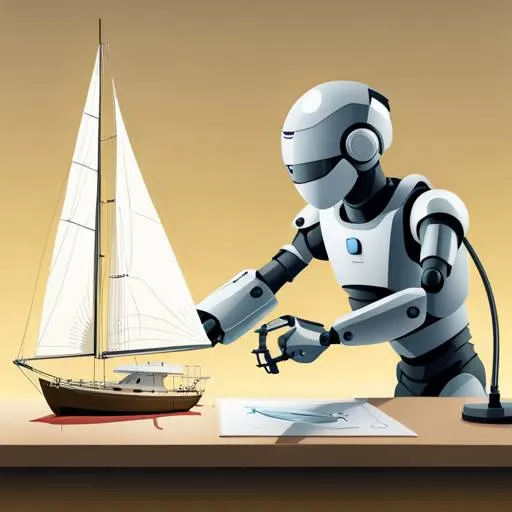 A robot is at a workbench putting together the pieces of a small model sailboat. The picture is drawn in 2D vector art style.