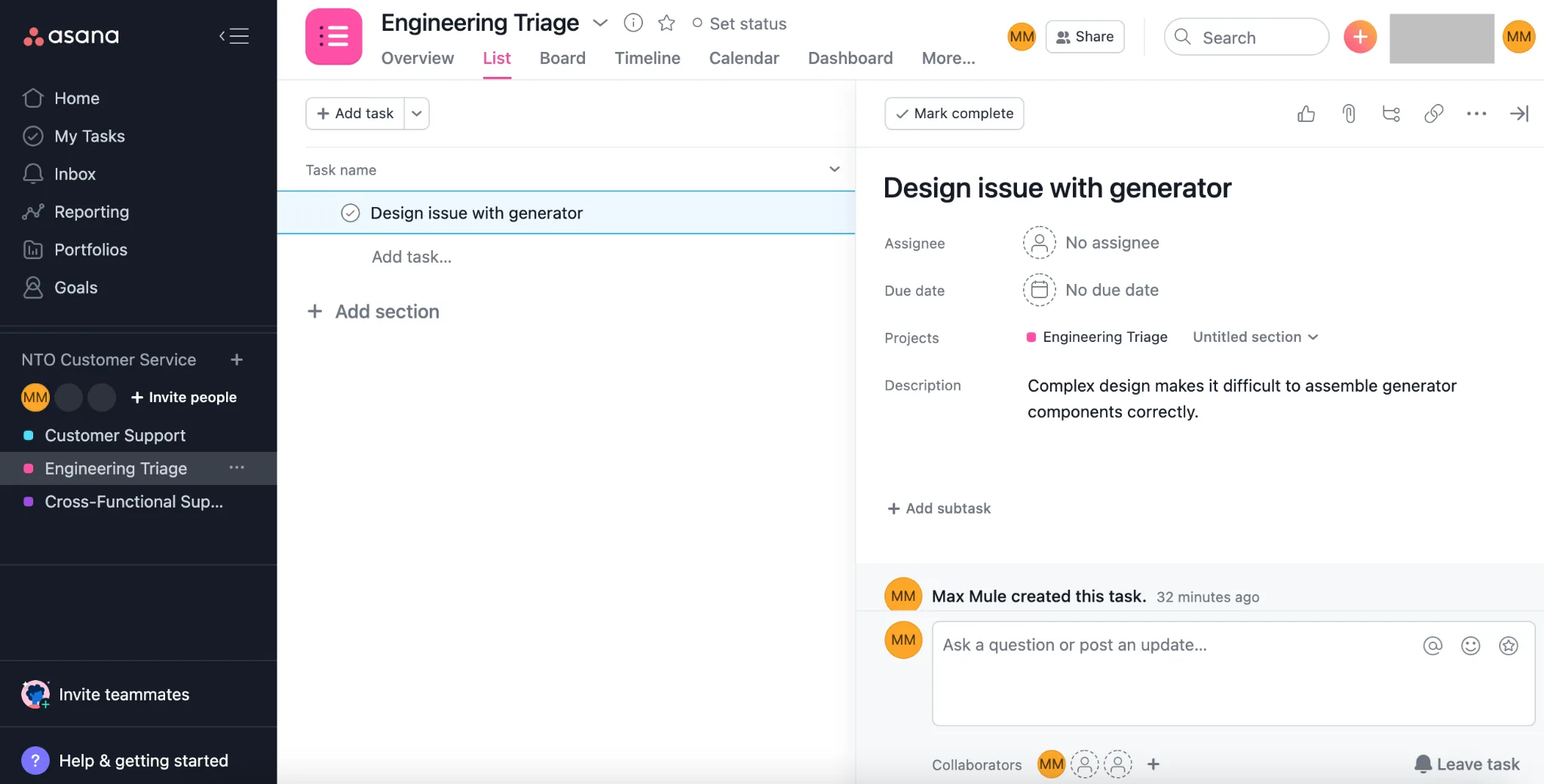 Engineering Triage project in Asana showing task corresponding to NTO org case.