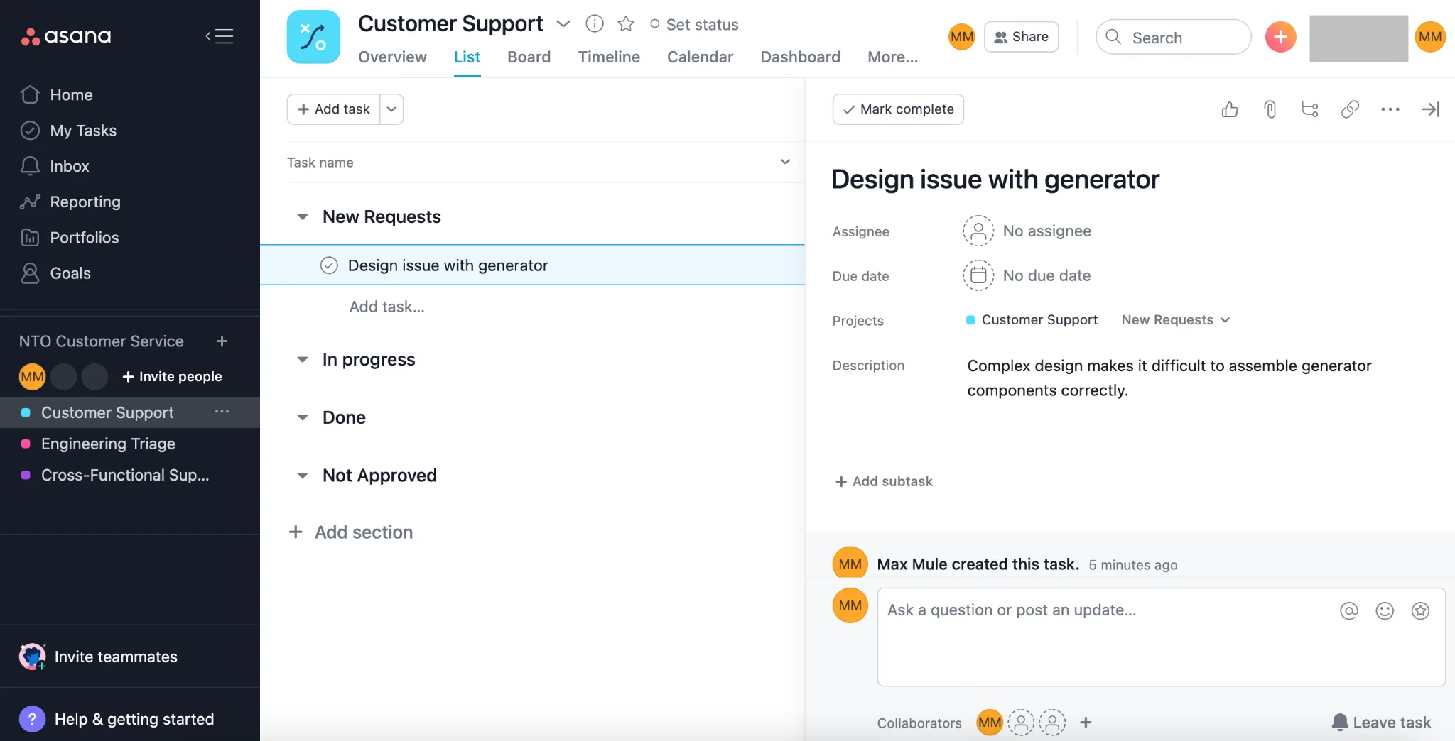 Customer Support project in Asana showing task corresponding to NTO org case.