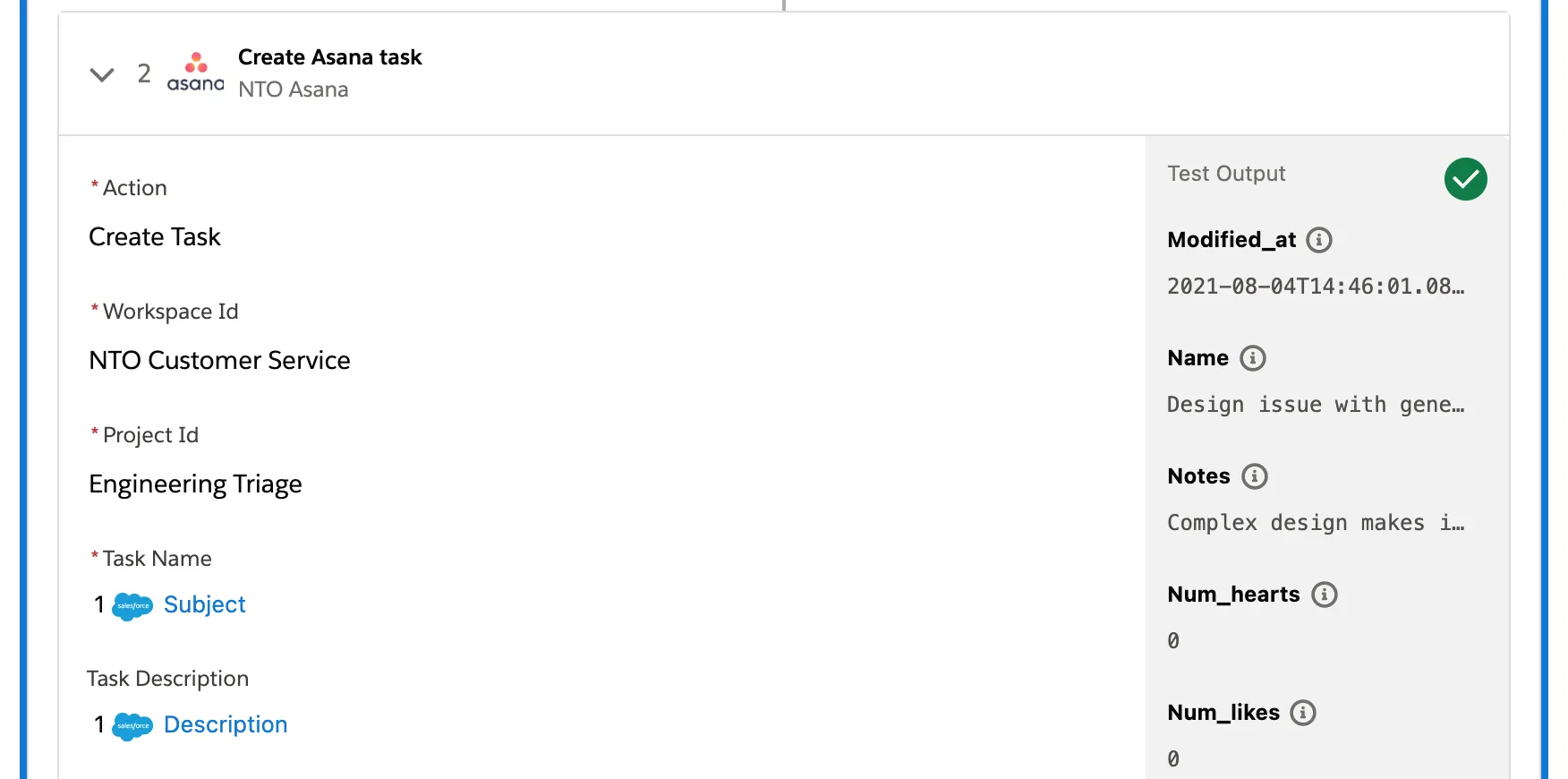 Tested flow showing a green check mark on step 2 with Task Name and Task Description fields in first If branch.