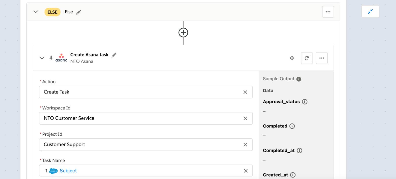 Step 4 of flow within Else branch showing task with Task Name field created in Asana.