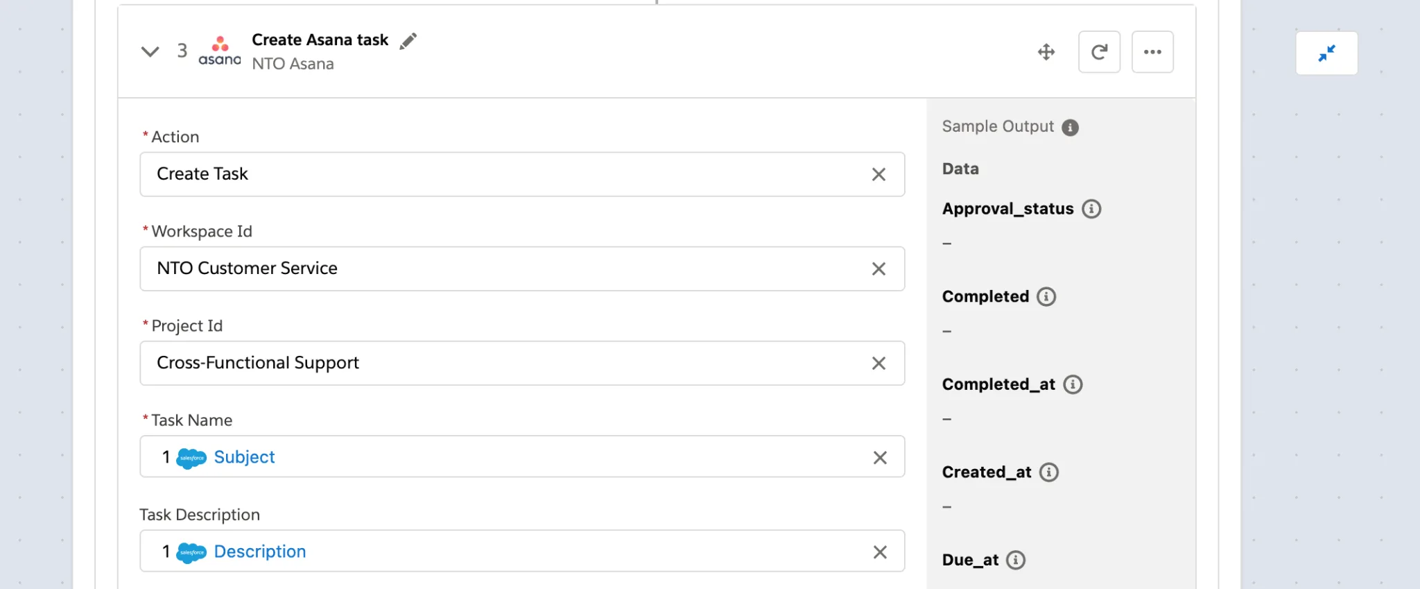 Step 3 of flow within second If branch showing task with Task Name and Task Description fields created in Asana.