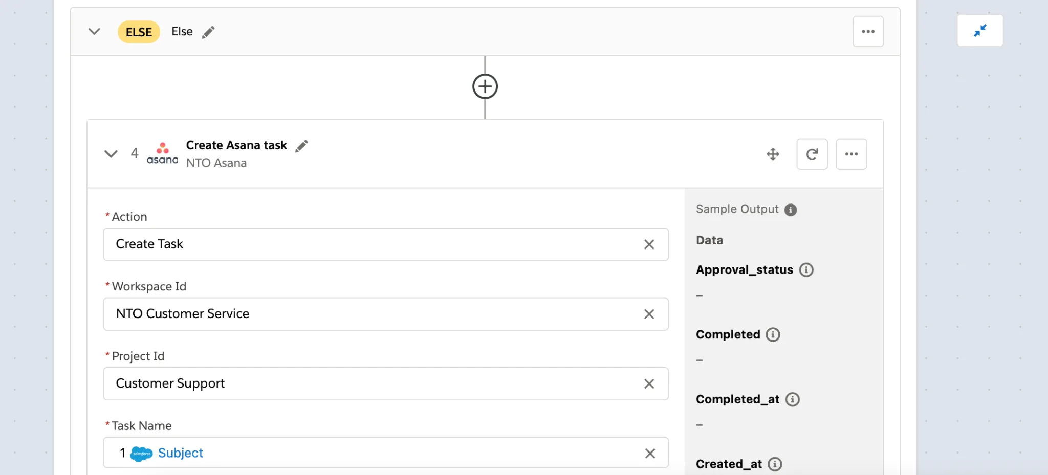 Step 4 of flow within Else branch showing task with Task Name field created in Asana.