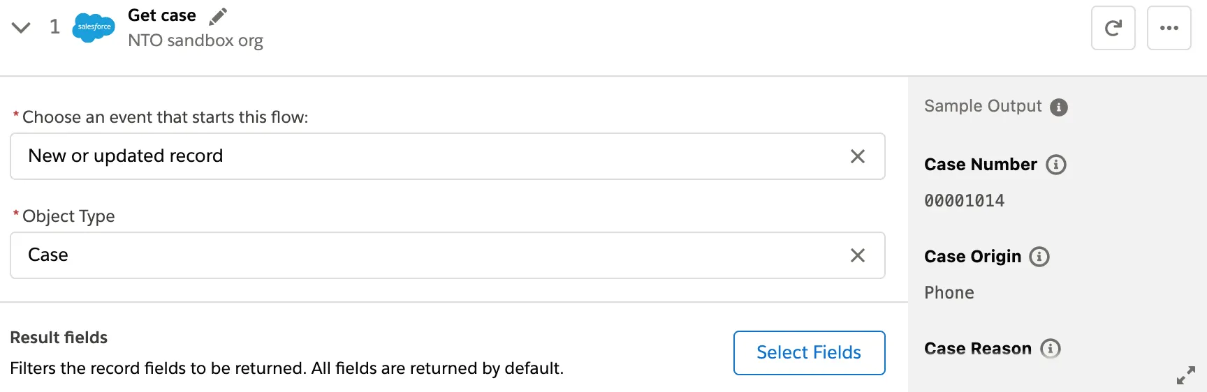 Step 1 of flow with trigger event and object type fields and Select Fields button.