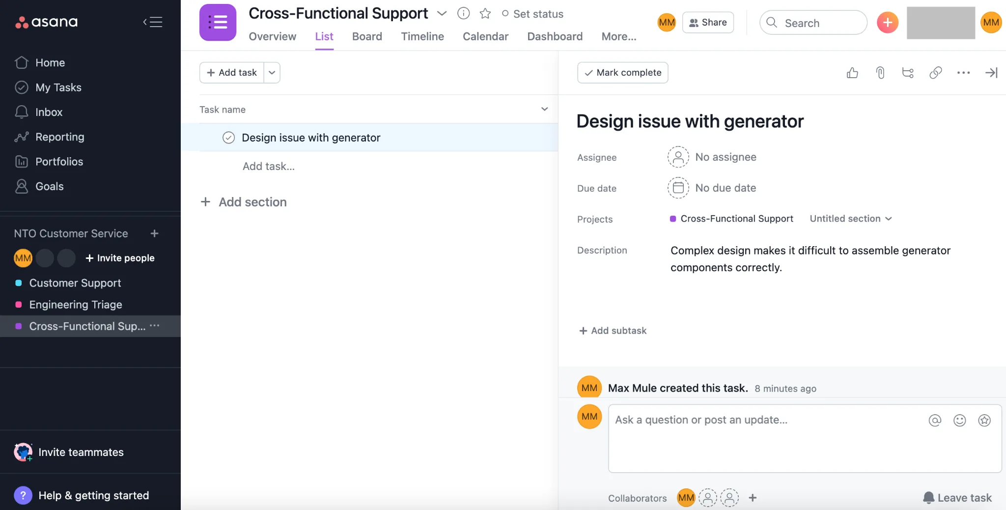 Cross-Functional Support project in Asana showing task corresponding to NTO org case.