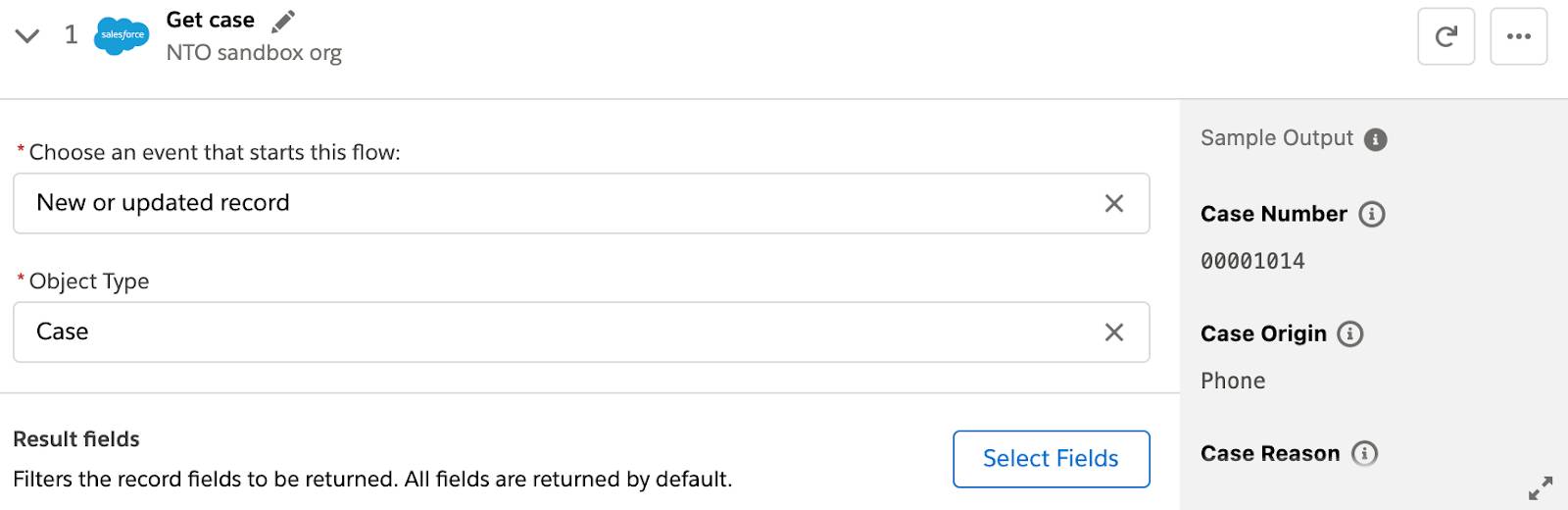 Step 1 of flow with trigger event and object type fields and Select Fields button.