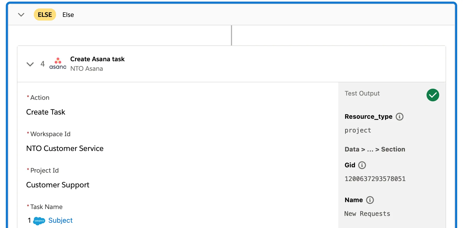 Else ブランチにある [Task Name (タスク名)] 項目を使用するステップ 4 に緑のチェックマークが表示されているテスト済みフロー