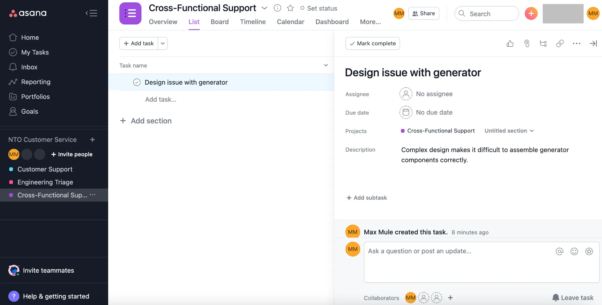 NTO 組織のケースに対応するタスクが表示されている Asana の Cross-Functional Support プロジェクト