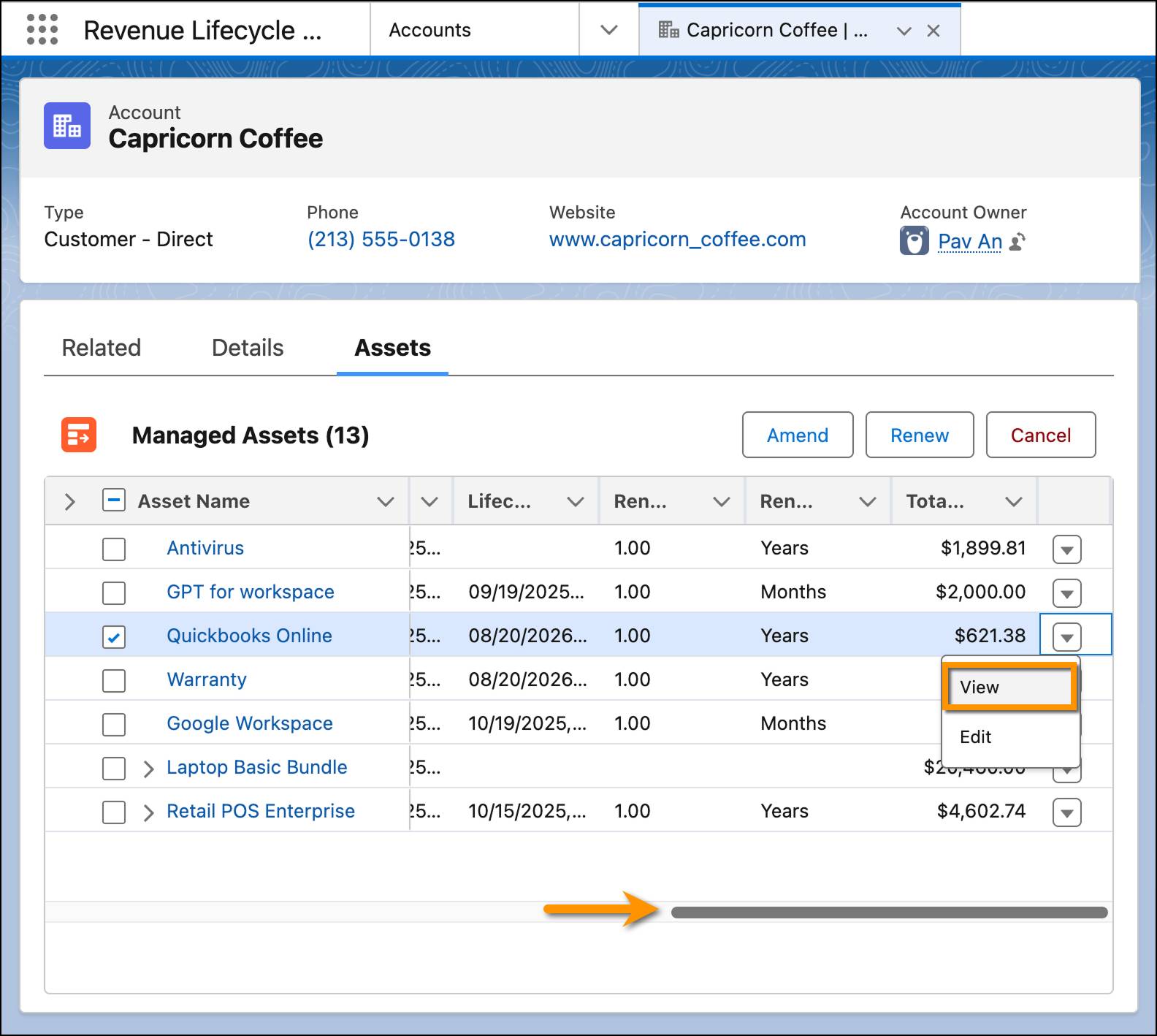 The Assets page with the option to view an asset highlighted.