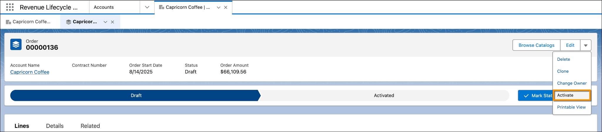 The order page with the Activate option highlighted.