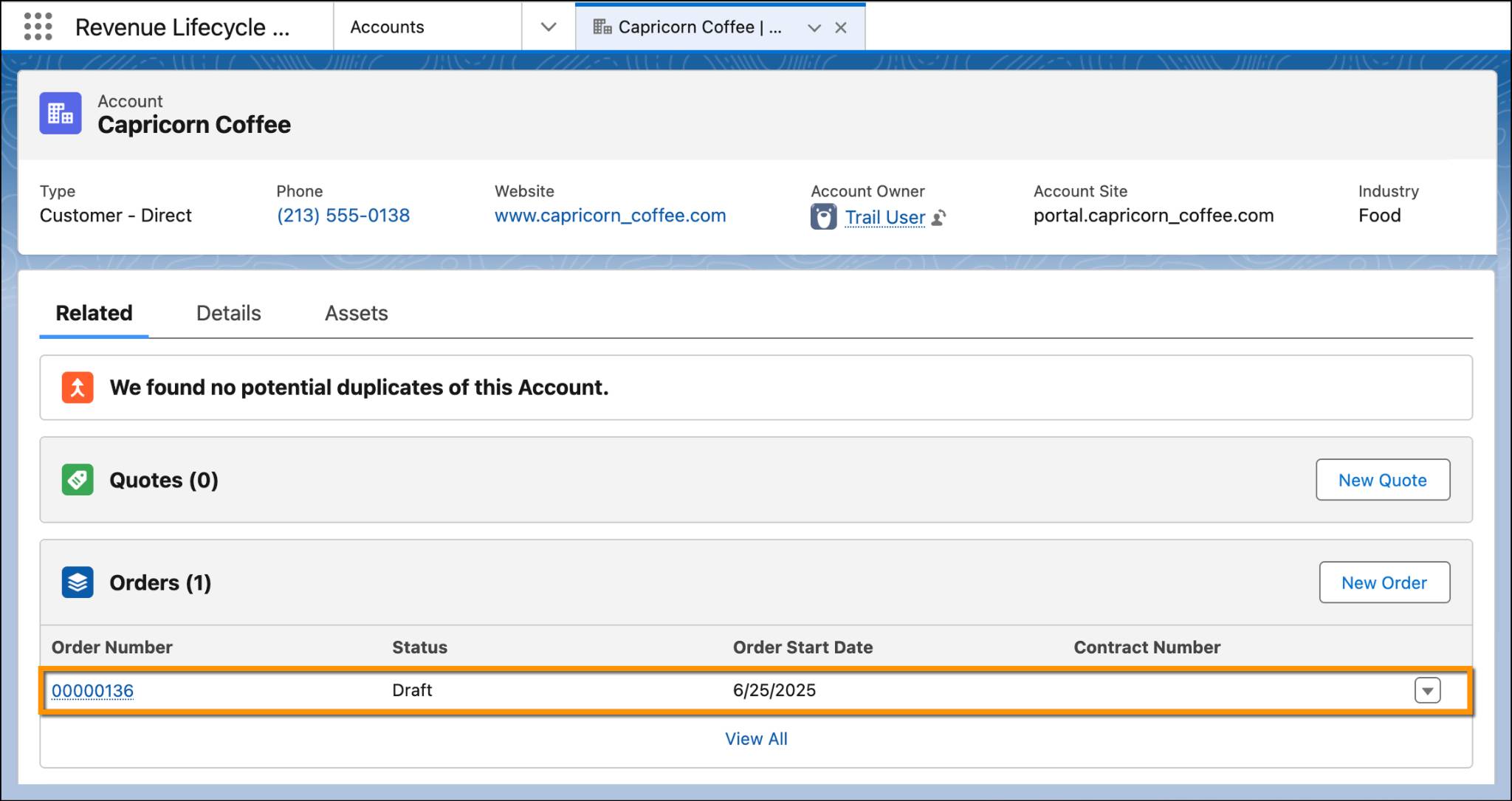 The account page of Capricorn Coffee with the draft order highlighted.