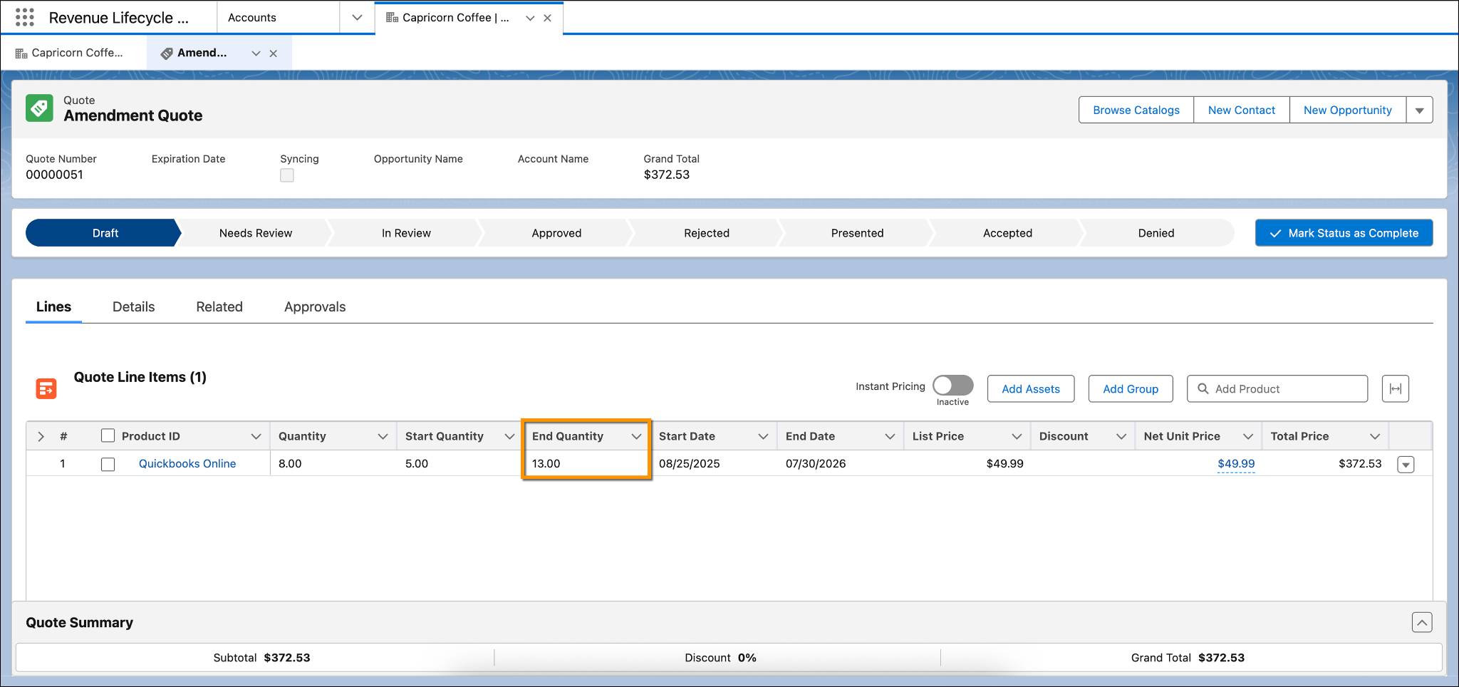 The Amendment Quote page for an asset with End Quantity field highlighted.