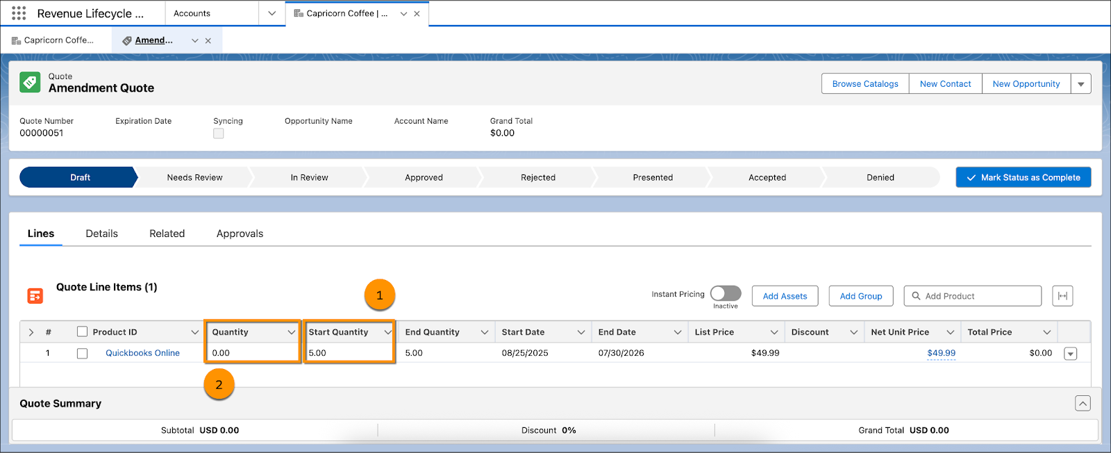 [Quantity (数量)] 項目と [Start Quantity (開始数量)] 項目が強調表示されている納入商品の [Amendment Quote (修正見積)] ページ。