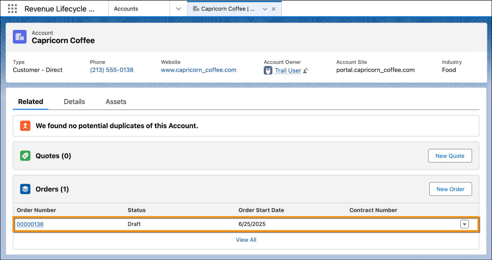 下書きの注文が強調表示された Capricorn Coffee の取引先ページ。