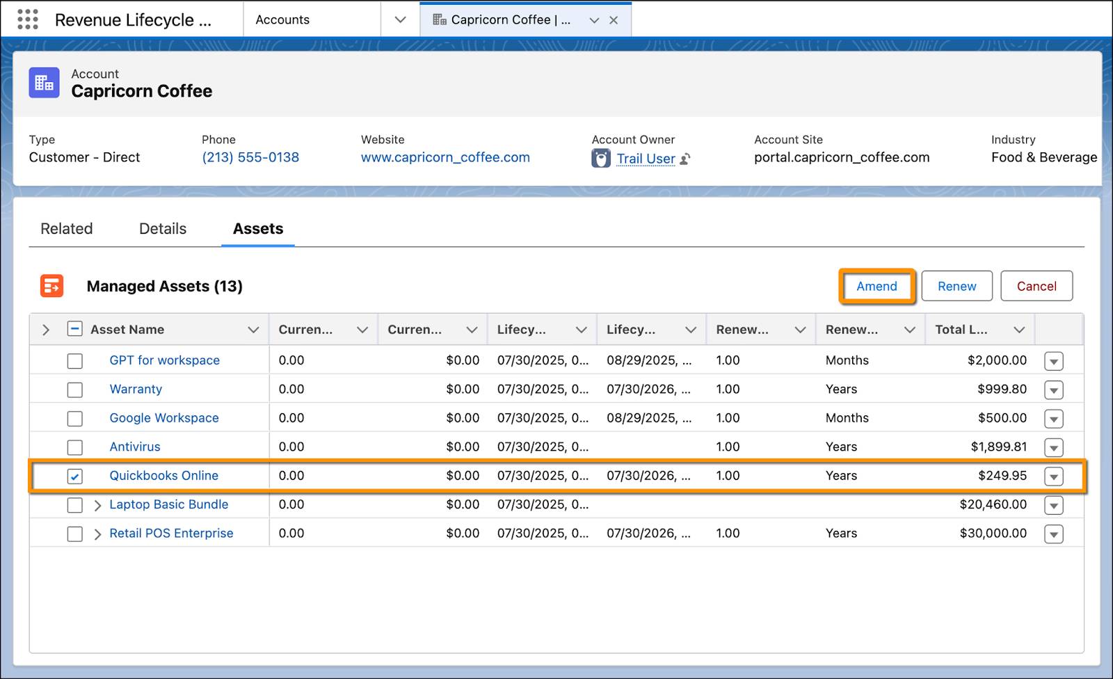 強調表示されている納入商品の [Amend (修正)] ボタン。