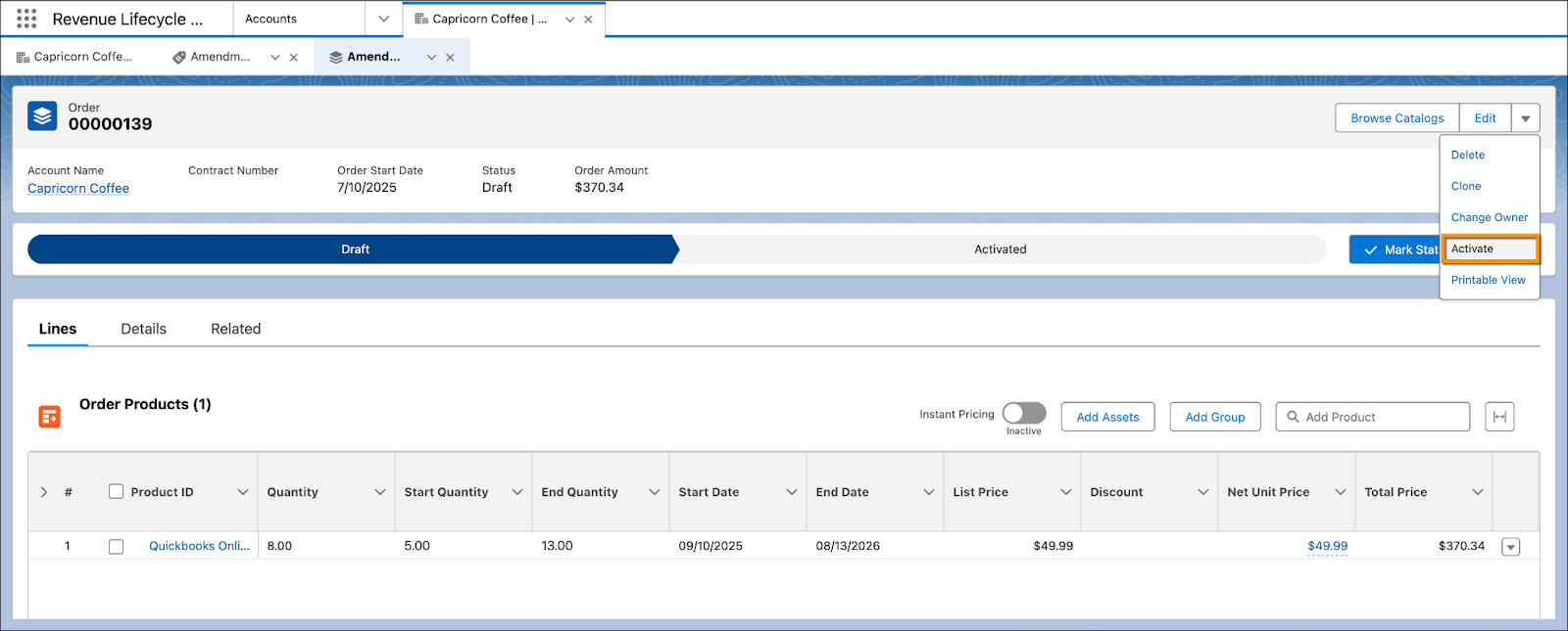 [Activate (有効化)] オプションが強調表示された注文ページ。