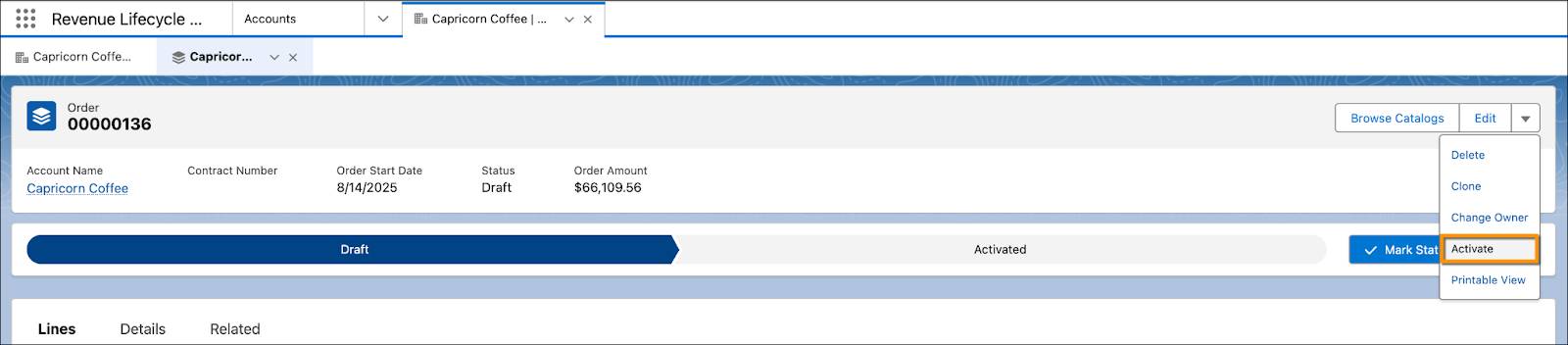 [Activate (有効化)] オプションが強調表示された注文ページ。