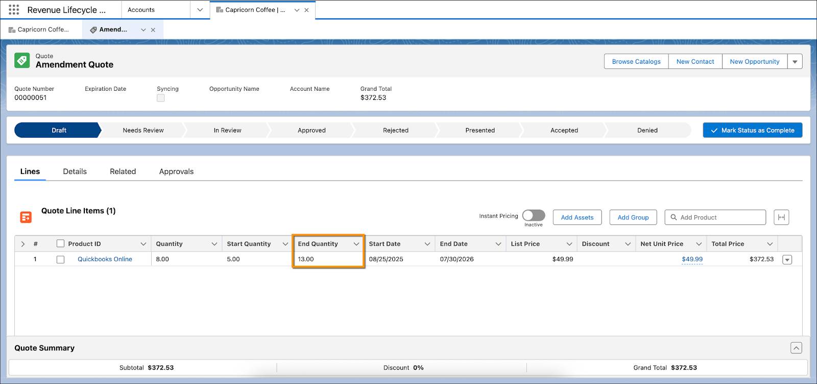 [End Quantity (終了数量)] 項目が強調表示されている納入商品の [Amendment Quote (修正見積)] ページ。