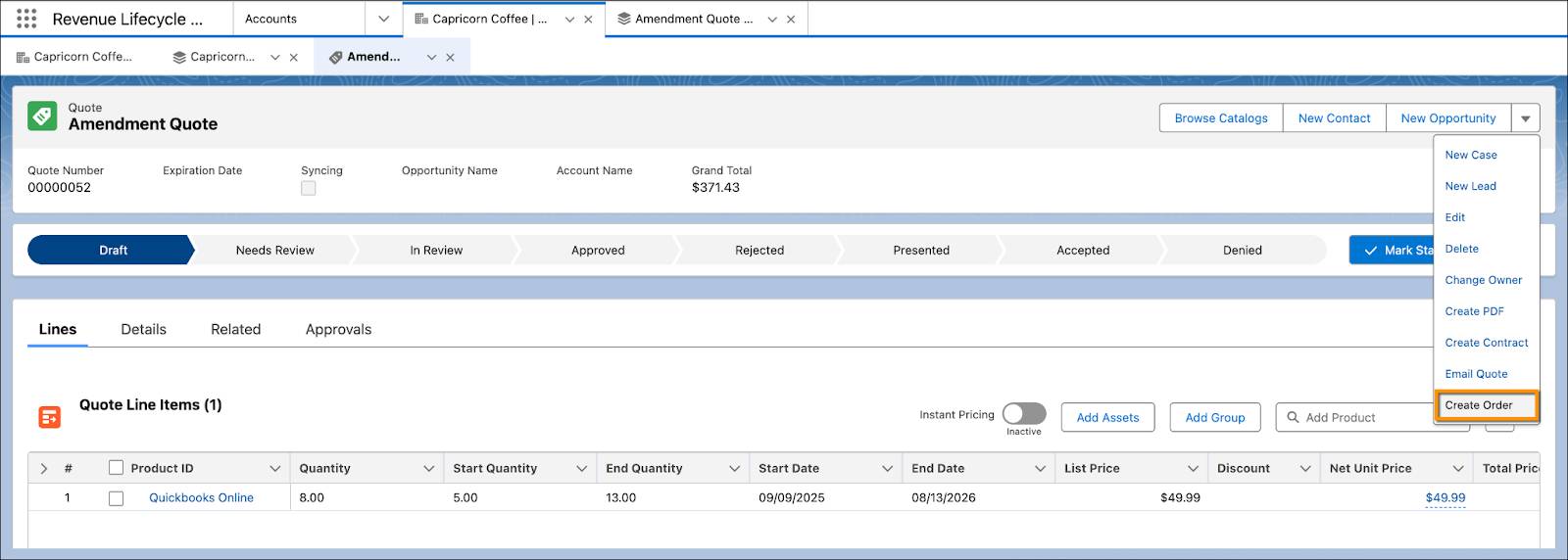 修正見積の [Create Order (注文を作成)] ボタン。