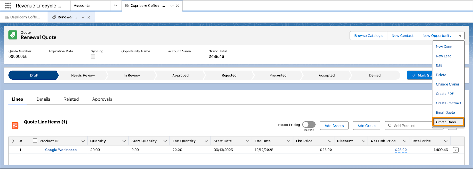 The Renewal Quote page with the Create Order button highlighted.