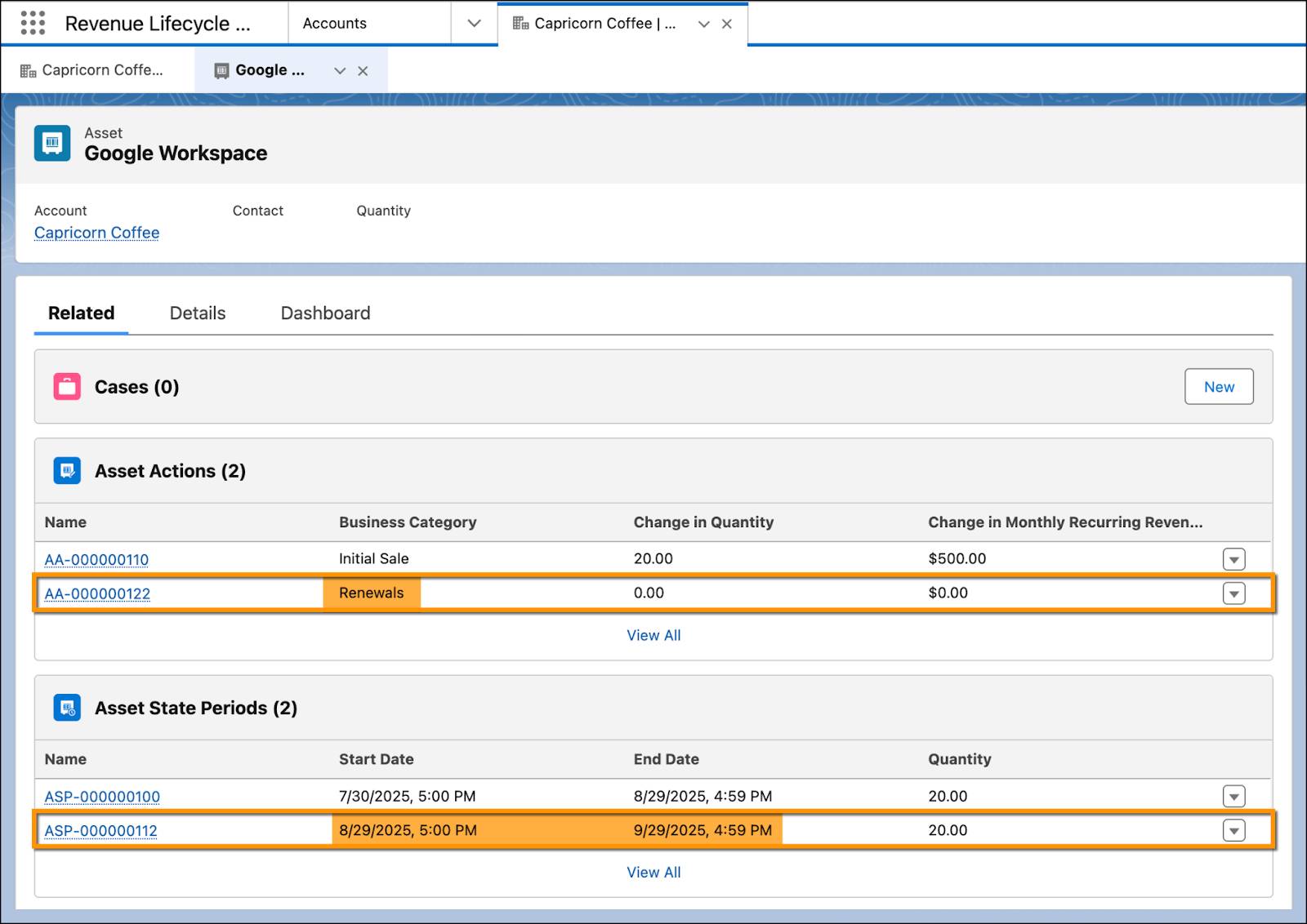 [Asset Actions (納入商品アクション)] と [Asset State Periods (納入商品状態期間)] が強調表示された [Related (関連)] タブ。
