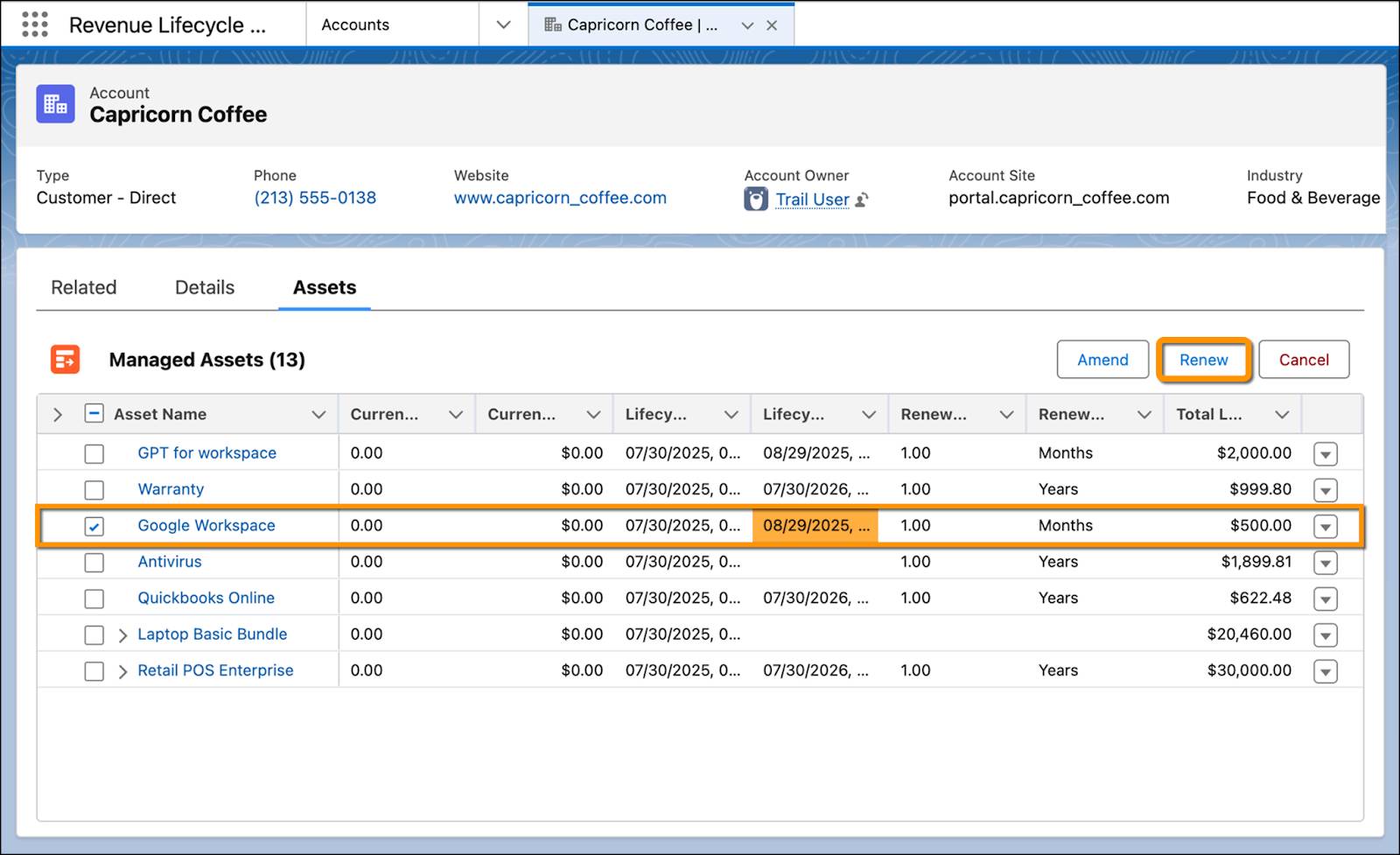 納入商品の [Renew (更新)] ボタン。