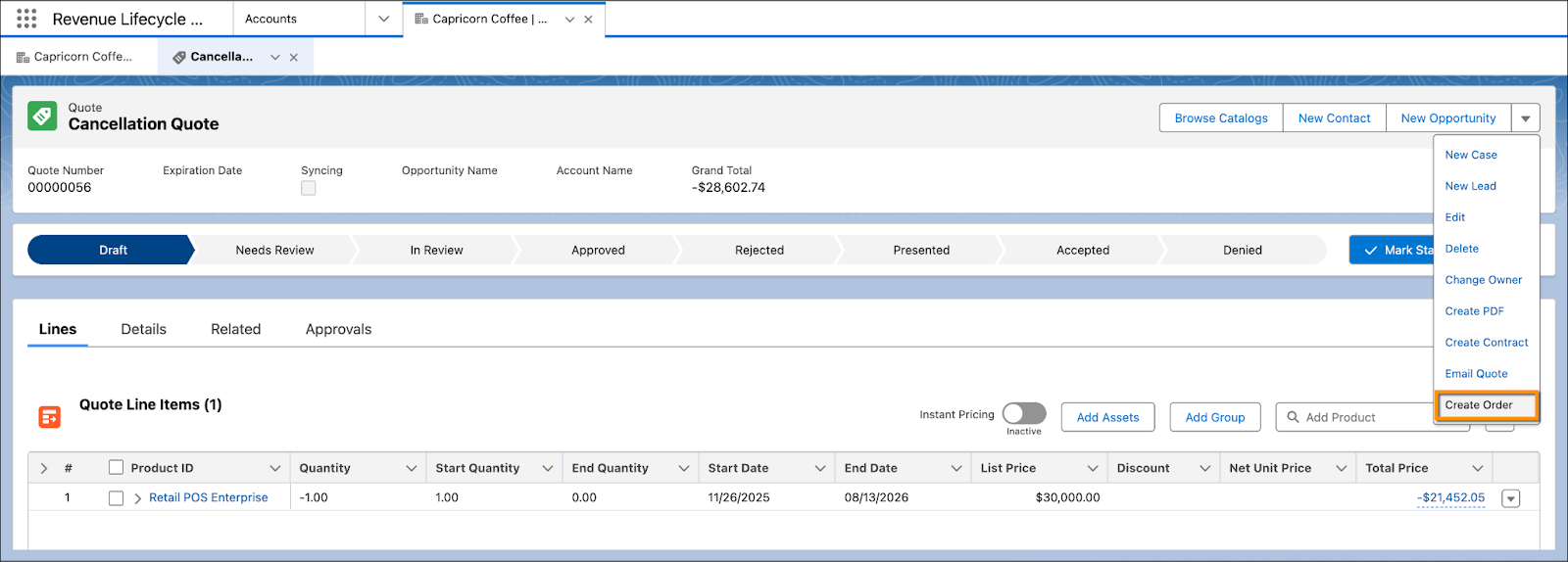 [Create Order (注文を作成)] ボタンが強調表示された [Cancellation Quote (キャンセル見積)] ページ。