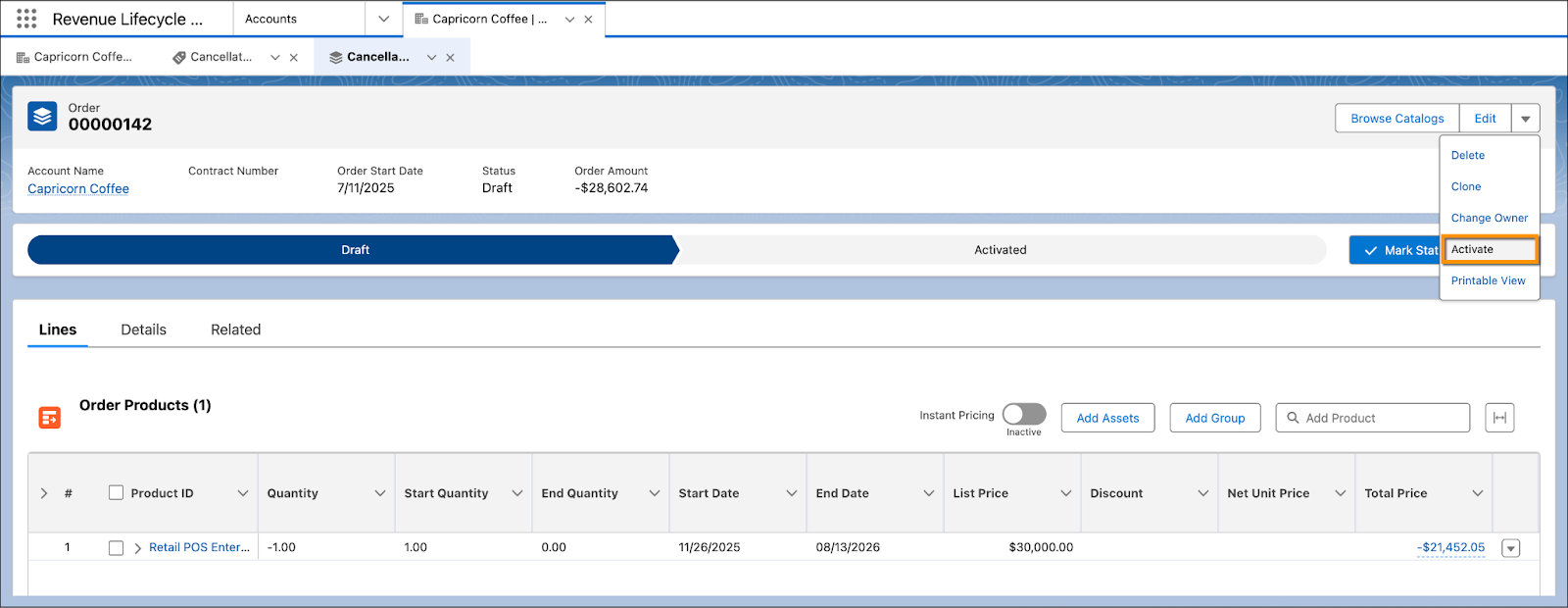 [Activate (有効化)] オプションが強調表示された注文ページ。
