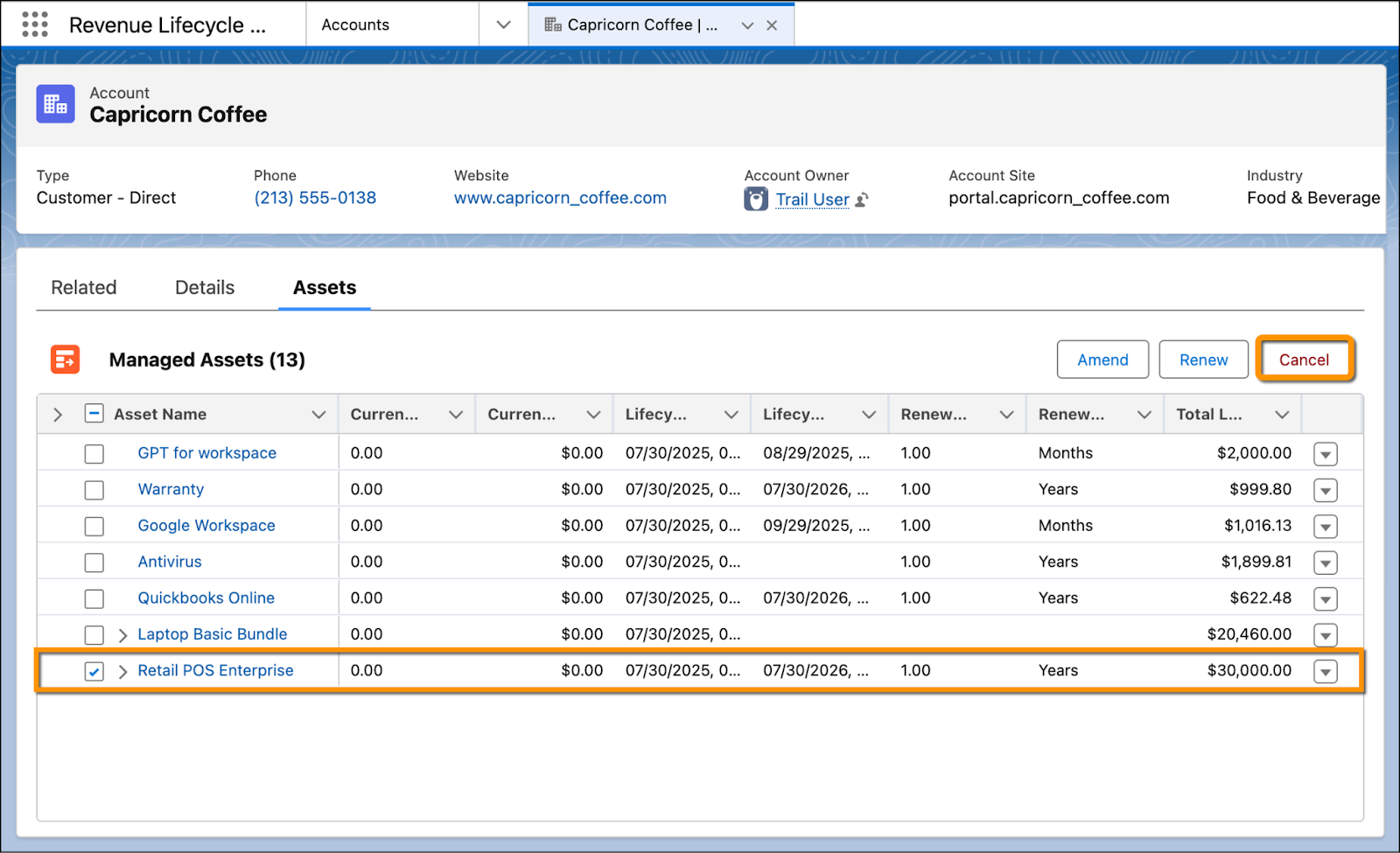 強調表示されている納入商品の [Cancel (キャンセル)] ボタン。