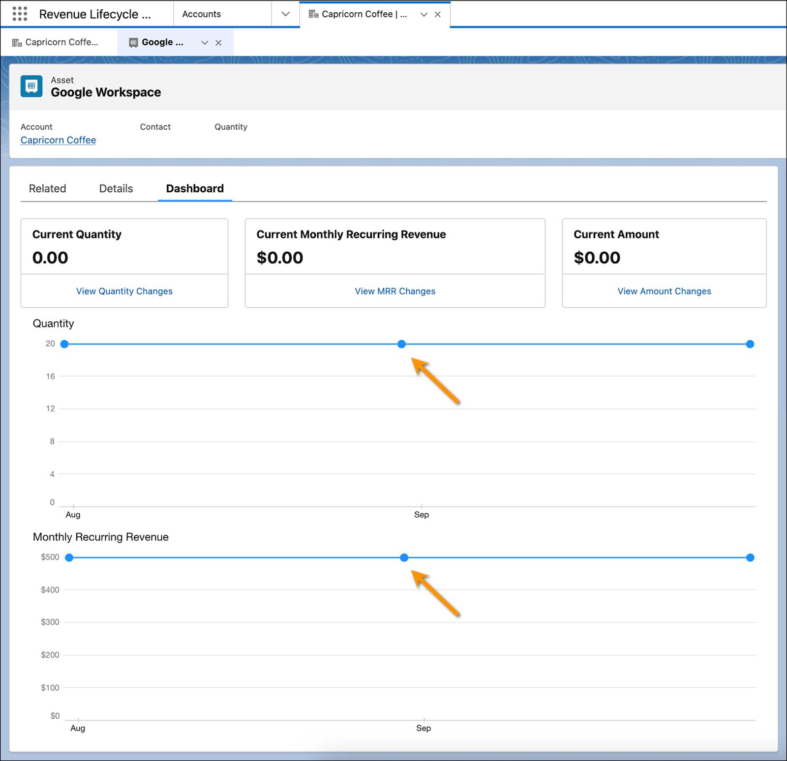 納入商品の [Dashboard (ダッシュボード)] タブ。