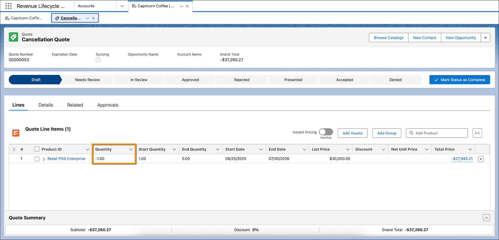 [Quantity (数量)] 項目が強調表示された納入商品の [Cancellation Quote (キャンセル見積)] ページ。